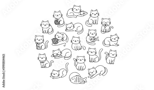 Cute cartoon cat characters collection with kittens in playful poses circular vector design for kids