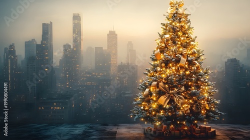 Glittering Christmas tree against a city skyline