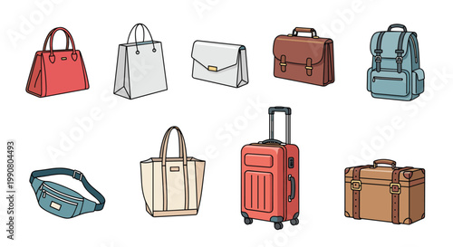 Diverse collection of bags and luggage icons including handbags, backpacks, suitcases, briefcases, and tote bags for travel and fashion concepts.