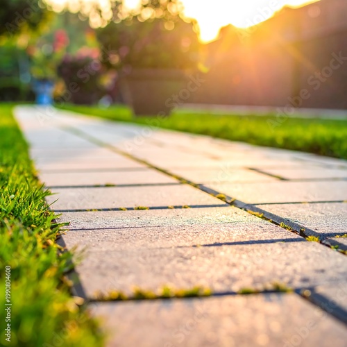 Stone Garden Path In Warm Golden Sunset Light With Green Grass Low Angle Perspective Of Paved Walkway In Backyard Landscape