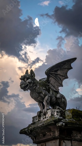 Stone Gargoyle Statue Crouched On A Cathedral Roof Silhouetted Against A Dramatic Cloudy With A Crescent Moon At Twilight