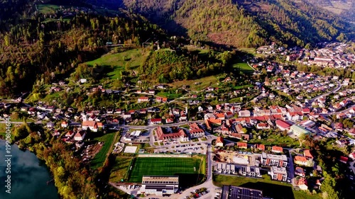 aerial town with river and stadium