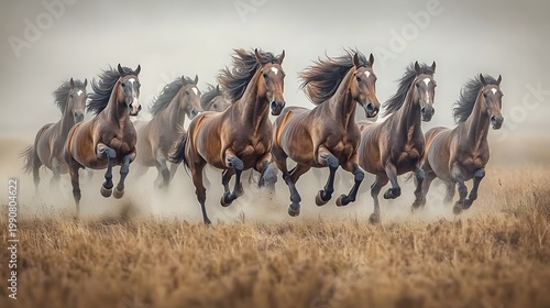 Herd of galloping horses running through a field