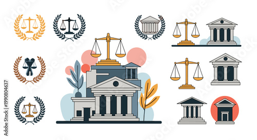 Collection of law and justice symbols featuring scales of justice, courthouse buildings, and laurel wreaths for legal and government concepts.