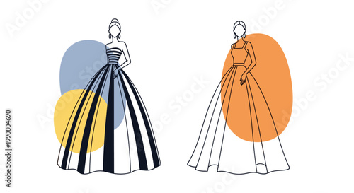 Fashion sketches of two women wearing elegant long ball gowns with abstract colorful shapes in the background for boutique and style art.