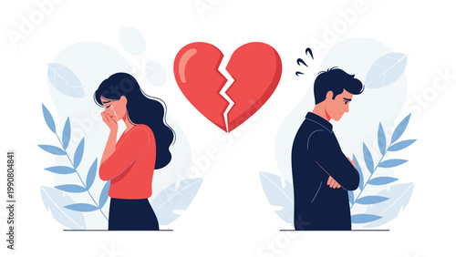 Man and woman standing back to back in sorrow with a broken heart symbol between them, representing a painful breakup or divorce.