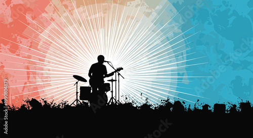 Silhouette of a musician playing guitar and singing with a drummer against a bright sunburst and grunge background for concert posters.