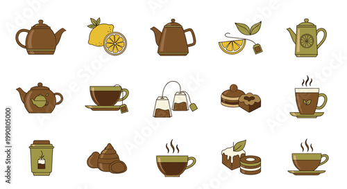 Icons of tea and coffee culture including teapots, cups, lemon slices, tea bags, and sweet pastries for cafe branding and menu layouts.