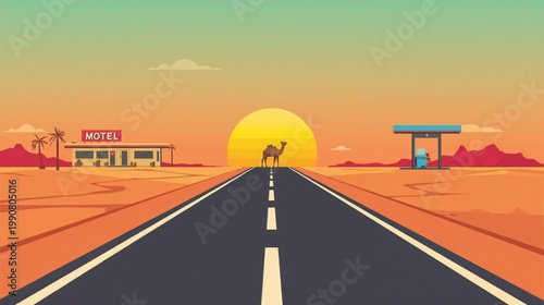 Desert Road landscape with camel ,motel and  Gasoline station ,At sunset