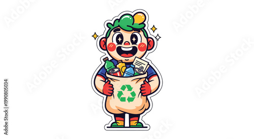 A cheerful cartoon character with vibrant green hair holds a paper bag filled with assorted recyclable plastic bottles and metal cans in a bright studio.