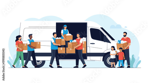 Diverse group of volunteers working together to load relief supplies and donation boxes into a large white delivery van for distribution.