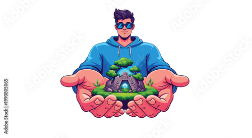 A stylish man with blue sunglasses carefully cradles a miniature floating island featuring a stone structure and vibrant green trees in bright light.