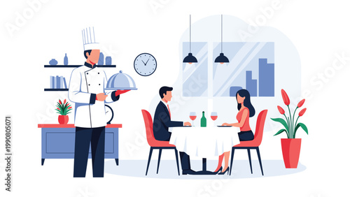 Professional chef presenting a gourmet meal to a well dressed couple dining at a luxury restaurant with a romantic atmosphere.