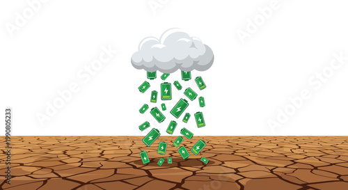 A gray cloud rains green battery icons onto a dry and cracked earth surface, emphasizing a concept of energy scarcity or environmental crisis in style.