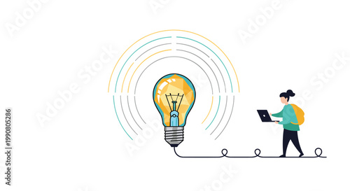 Illustration of a person with a backpack and laptop standing next to a large glowing lightbulb signifying innovation and bright ideas.