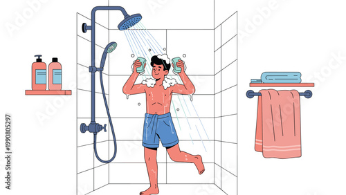 Young man stands in a modern bathroom taking a refreshing morning shower while washing his hair with soap and quality shampoo products.