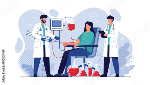 Medical team monitors a patient during a blood donation or transfusion procedure in a hospital using specialized clinical equipment.