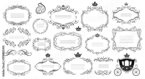 Set of ornate vintage frames, flourishes, and a classical carriage illustration for fairy tale and antique wedding invitation designs.