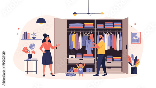 Young family including parents and a small child work together to organize a large wardrobe filled with various folded clothing items.