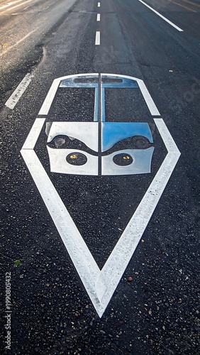 Street Art Face Painted On Asphalt Road Surface White Diamond Shape Blue Detail Urban Stencil Graphic Outdoor Highway Perspective