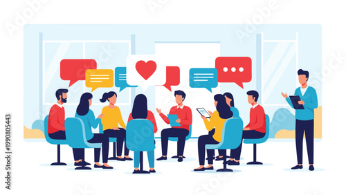 Support group members sit in a circle for an important therapy session led by a counselor to discuss mental health and emotional well being.