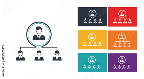 Business organization chart icons showing corporate leadership and team structure in multiple color variations for company presentations.