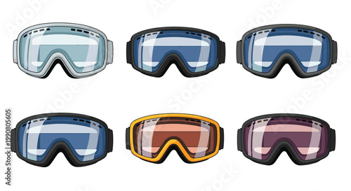 Set of six ski or snowboard goggles with different colored lenses and frames for winter sports equipment catalogs and shop designs.