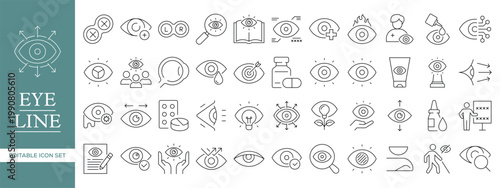 Eye Care and Vision Line Icon Set with Ophthalmology, Optometry, Eye Test, Vision Protection, Medical Eye, UI Visibility and Security Editable Vector Outline Symbols