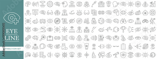 Eye Care and Vision Line Icon Set with Ophthalmology, Optometry, Eye Test, Vision Protection, Medical Eye, UI Visibility and Security Editable Vector Outline Symbols