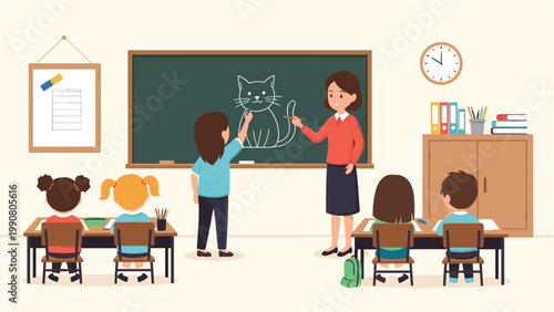 Primary school teacher supervising a young girl student drawing a cat on a green blackboard while other classmates watch from their wooden desks.