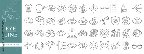 Eye Care and Vision Line Icon Set with Ophthalmology, Optometry, Eye Test, Vision Protection, Medical Eye, UI Visibility and Security Editable Vector Outline Symbols