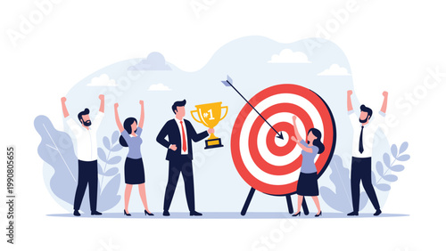 Diverse business team celebrating the successful achievement of a target goal by holding a trophy and cheering in front of a large bullseye.