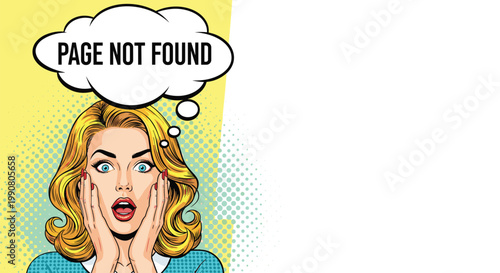 Pop art style illustration of a shocked woman with her hands on her face for a page not found or 404 error message screen layout.