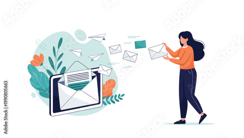 Young woman sending multiple digital emails represented as paper planes and envelopes from the screen of a large modern tablet device interface.