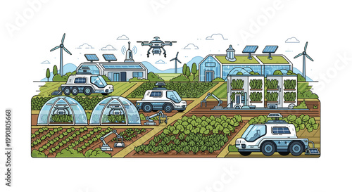 A high-tech farm features automated drones and robotic arms tending to rows of crops inside modern greenhouses under a clear and bright white atmosphere.