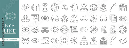 Eye Care and Vision Line Icon Set with Ophthalmology, Optometry, Eye Test, Vision Protection, Medical Eye, UI Visibility and Security Editable Vector Outline Symbols