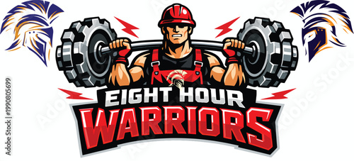 Eight Hour Warriors emblem featuring heroic worker with barbell gears and patriotic fireworks celebrating Bharat Shram Shakti workers day strength, unity and fair labor vector badge