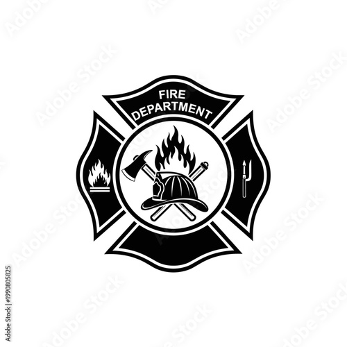 Fire Department Maltese Cross Emblem with Helmet and Axe