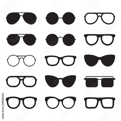 Vector Eyewear Icon Set Featuring Sunglasses and Optical Glasses Frames in Silhouette and Line Art