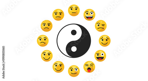 Yin and yang symbol surrounded by a circle of various yellow emoji faces showing different emotions for psychological and balance concepts.