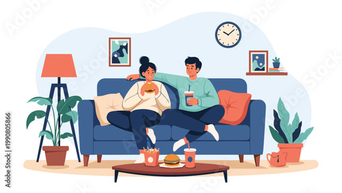 Young couple relaxing on a comfortable blue couch in their living room while eating delicious burgers and fries and drinking cold soda.