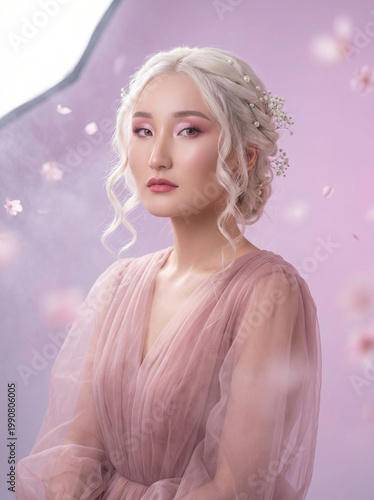 Asain girl in dusty pink dress