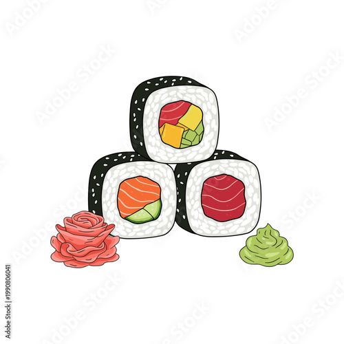 Stacked sushi rolls with salmon, tuna, and mango, served with wasabi and ginger keywords: sushi