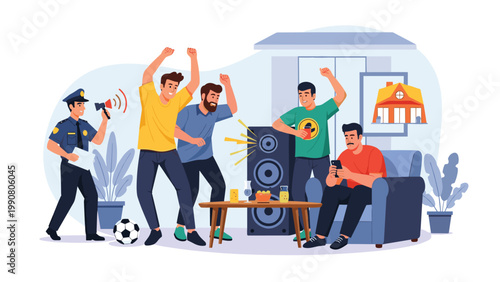 Police officer with a megaphone arriving to address a noise complaint at a rowdy house party with loud music and cheering sports fans.