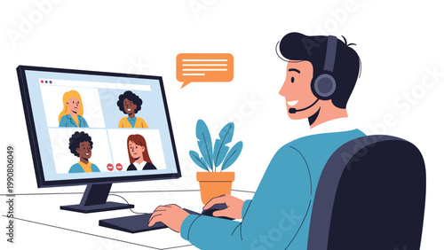 Professional man wearing a headset participating in a video conference meeting with a diverse team on a large computer monitor in an office.