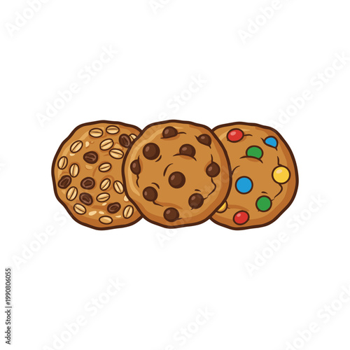Three assorted cookies: chocolate chip, oatmeal raisin, and candy coated keywords: cookies