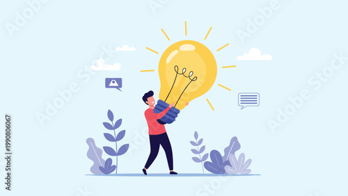 Creative man carrying a large glowing lightbulb through a forest of leaves representing the power of big ideas and modern innovation.