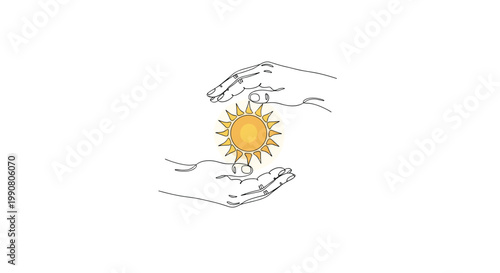 Two hands drawn in a single continuous line style hold a glowing golden-yellow sun icon in a clean and minimalist aesthetic on a stark white background.