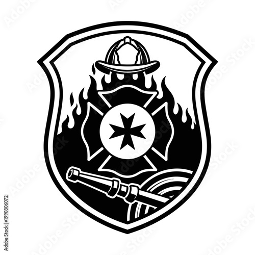 Firefighter Department Shield Emblem with Helmet and Hose