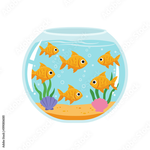 Goldfish swimming in a round glass fishbowl with seashells